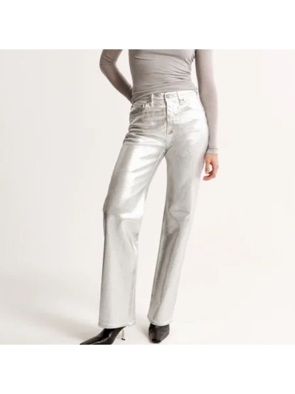 Abercrombie & Fitch 90s Relaxed High Rise Faux Leather Pants Silver Metallic 28